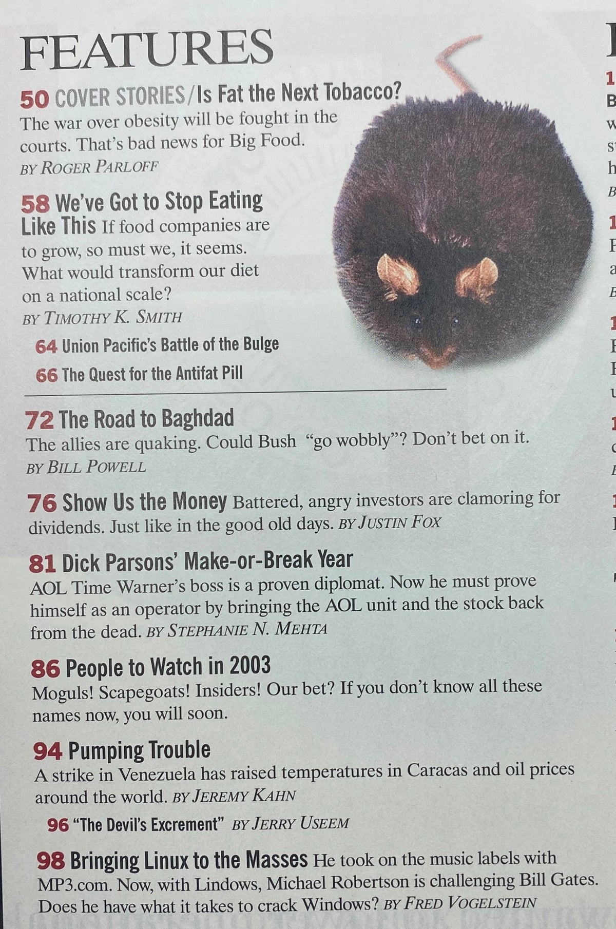 Fortune Magazine February 3, 2003 features page with the title 'Is Fat the Next Tobacco?' showcasing article titles and highlights about obesity and dietary discussions.