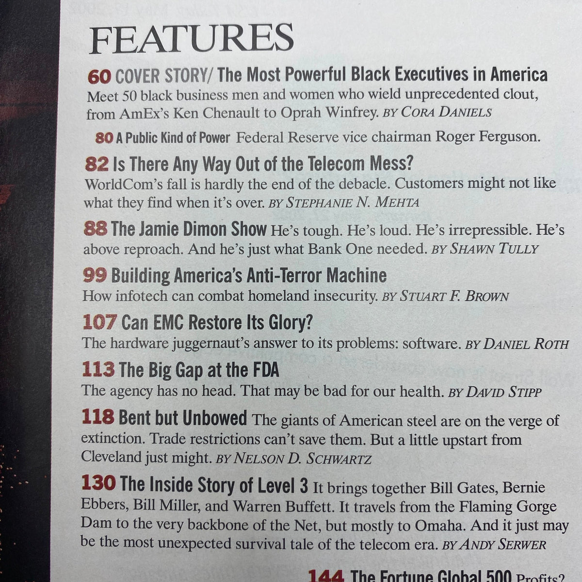 An interior page from Fortune Magazine July 22, 2002, showcasing features including 'The Most Powerful Black Executives in America' and articles on corporate and economic issues.
