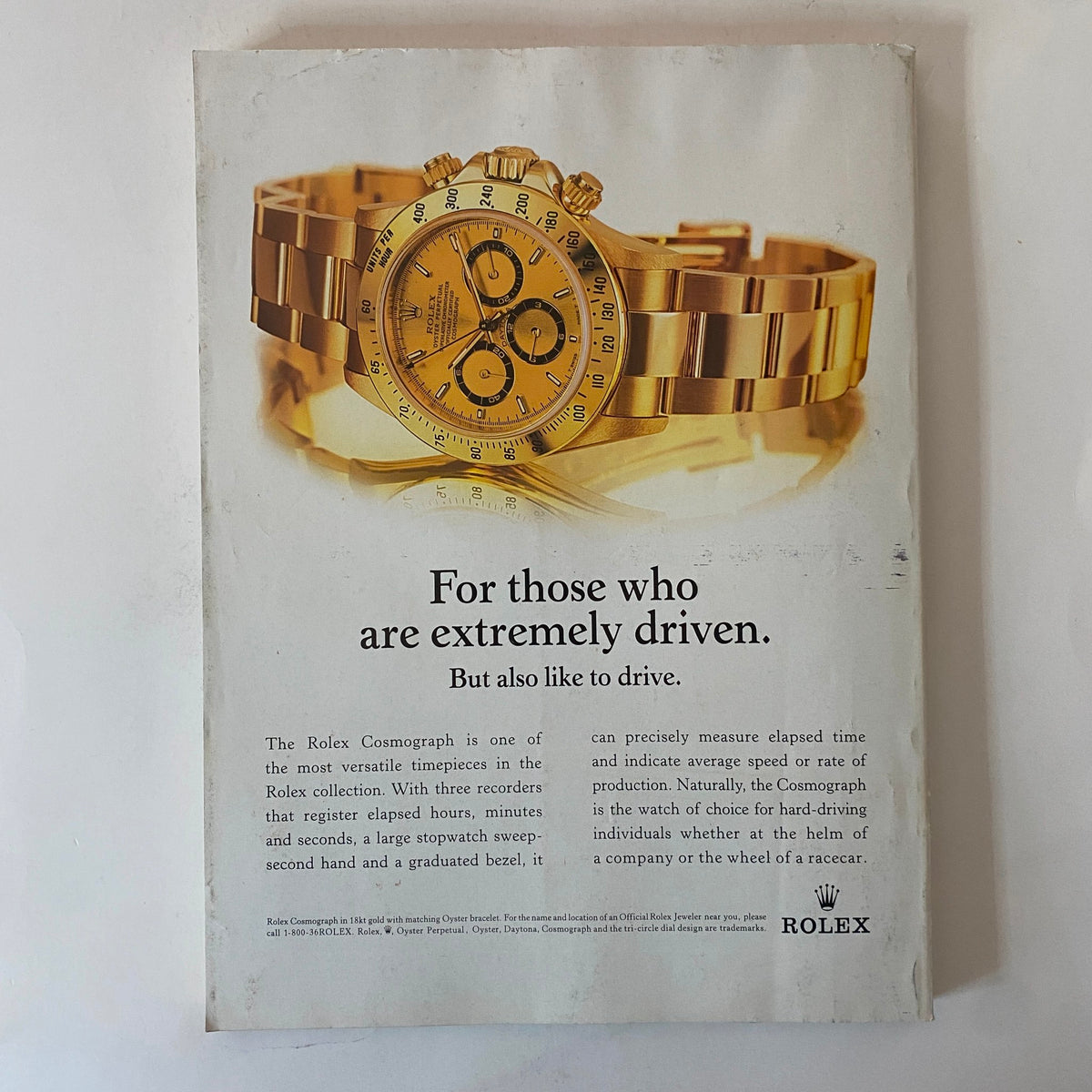 Vintage Rolex advertisement from Fortune Magazine June 26, 2000, emphasizing the Rolex Cosmograph as a versatile timepiece for driven individuals.
