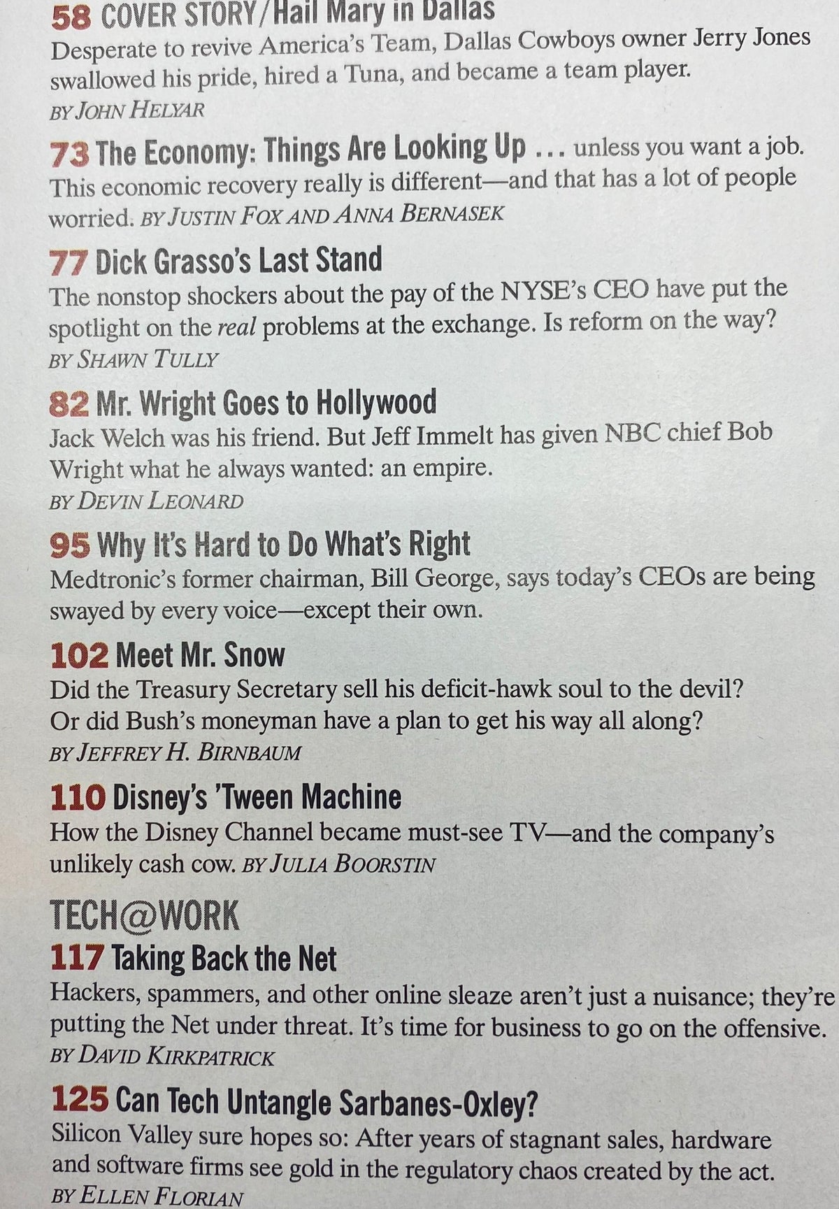 Interior page of Fortune Magazine from September 29, 2003, showcasing the contents including articles on the Cowboys, business trends, and a cover story on Jerry Jones.