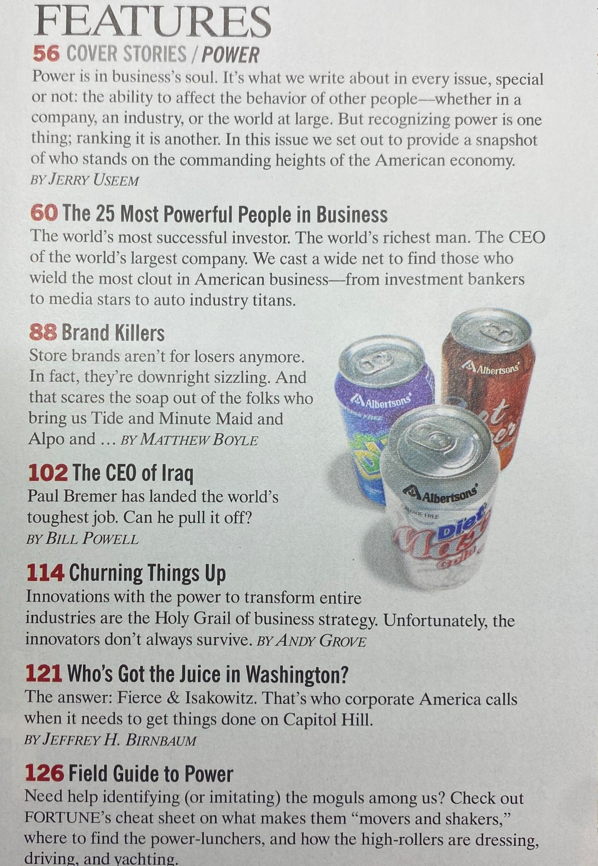 Interior page of Fortune Magazine August 11, 2003 showcasing 'The 25 Most Powerful People in Business' and various feature articles including 'The CEO of Iraq' and 'Brand Killers'.