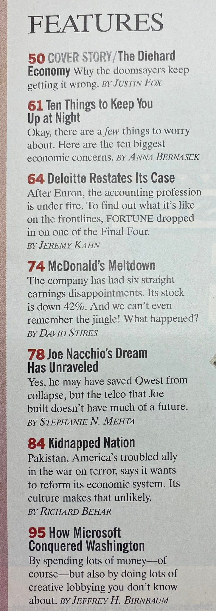 Features page from the April 29, 2002 issue of Fortune Magazine, listing articles including 'The Diehard Economy', 'Ten Things to Keep You Up at Night', and 'How Microsoft Conquered Washington'.