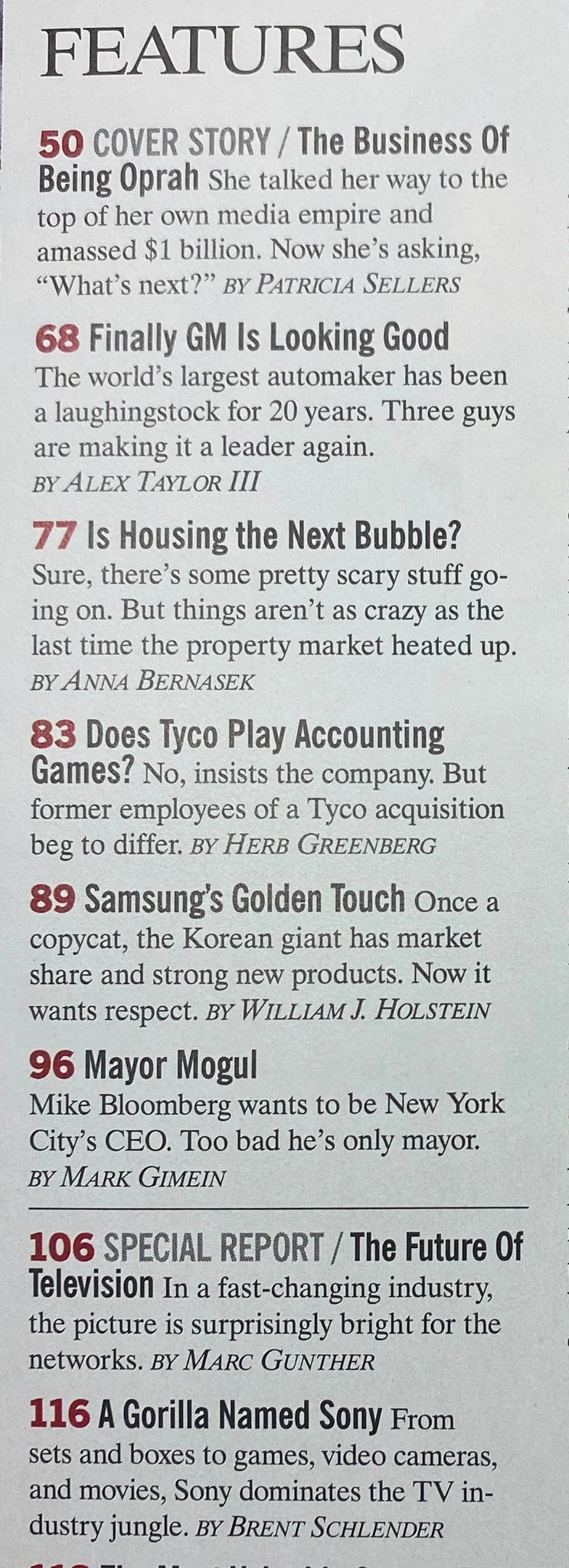 Inside page of Fortune Magazine April 1, 2002 displaying the featured articles list. Key topics include 'The Business Of Being Oprah' and various business insights, highlighting Oprah's media empire and management style.