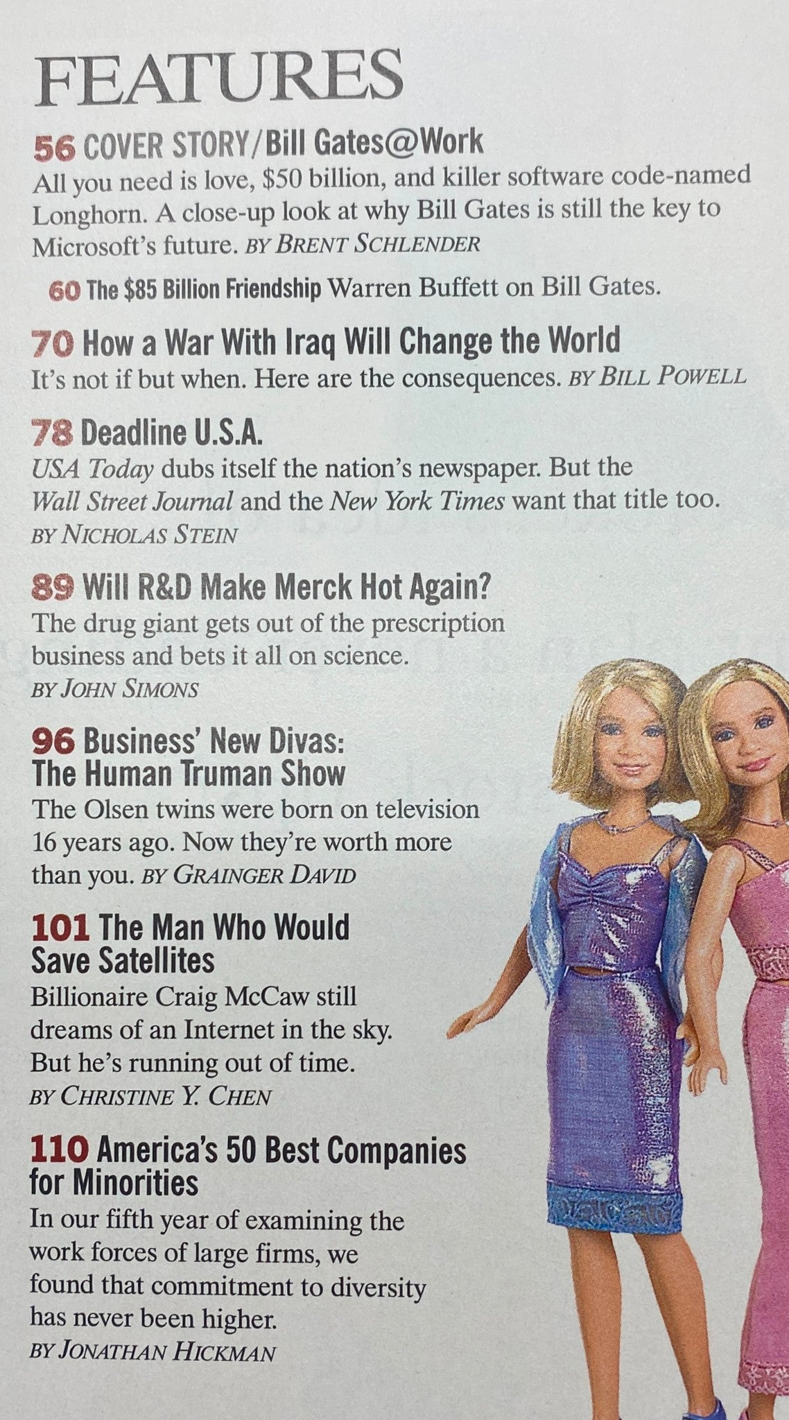 Interior page of Fortune Magazine from July 8, 2002, featuring article summaries including 'Bill Gates@Work', 'The $85 Billion Friendship', and 'How a War With Iraq Will Change the World'. Highlights significant topics covered in the issue.