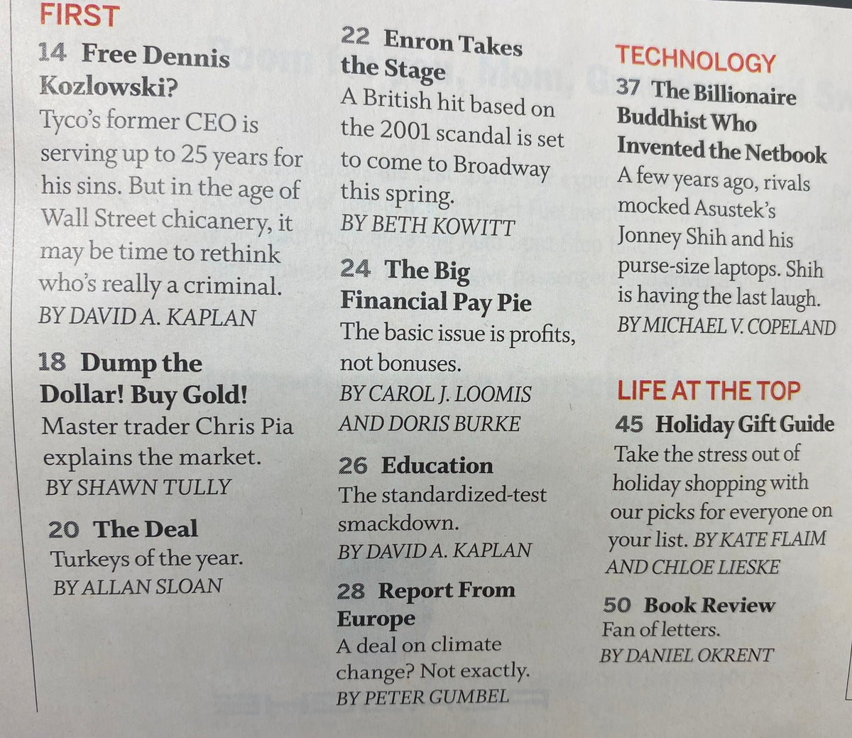 Table of contents from the December 7, 2009, issue of Fortune Magazine, listing articles including 'Free Dennis Kozlowski?', 'Dump the Dollar! Buy Gold!', and 'Enron Takes the Stage'. Highlights various topics relevant to corporate governance and economics.