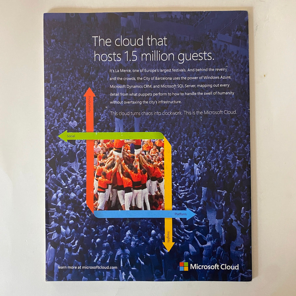 Back cover of Fortune Magazine April 7, 2014, showcasing a Microsoft Cloud advertisement, emphasizing its role in managing large-scale events effectively.