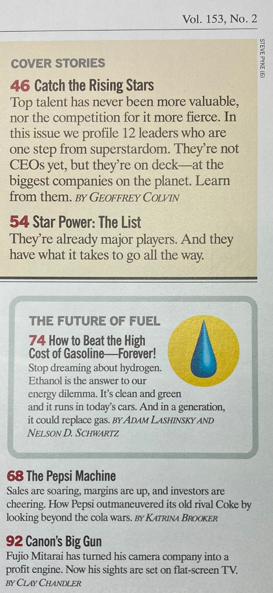 Interior page of Fortune Magazine February 6, 2006 showcasing the article titles 'Catch the Rising Stars' and 'Star Power: The List' alongside insights on fuel costs and corporate America.