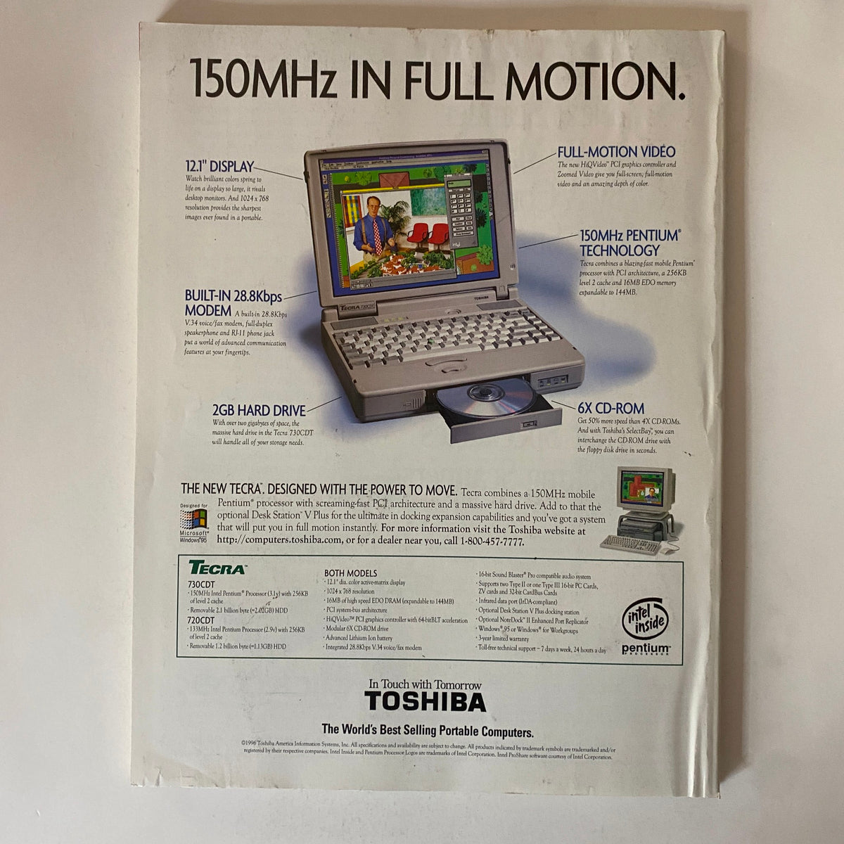 Fortune Magazine Winter 1997 vintage Toshiba advertisement showcasing a Tecra laptop with specifications, emphasizing portable computing features and advancements in technology.