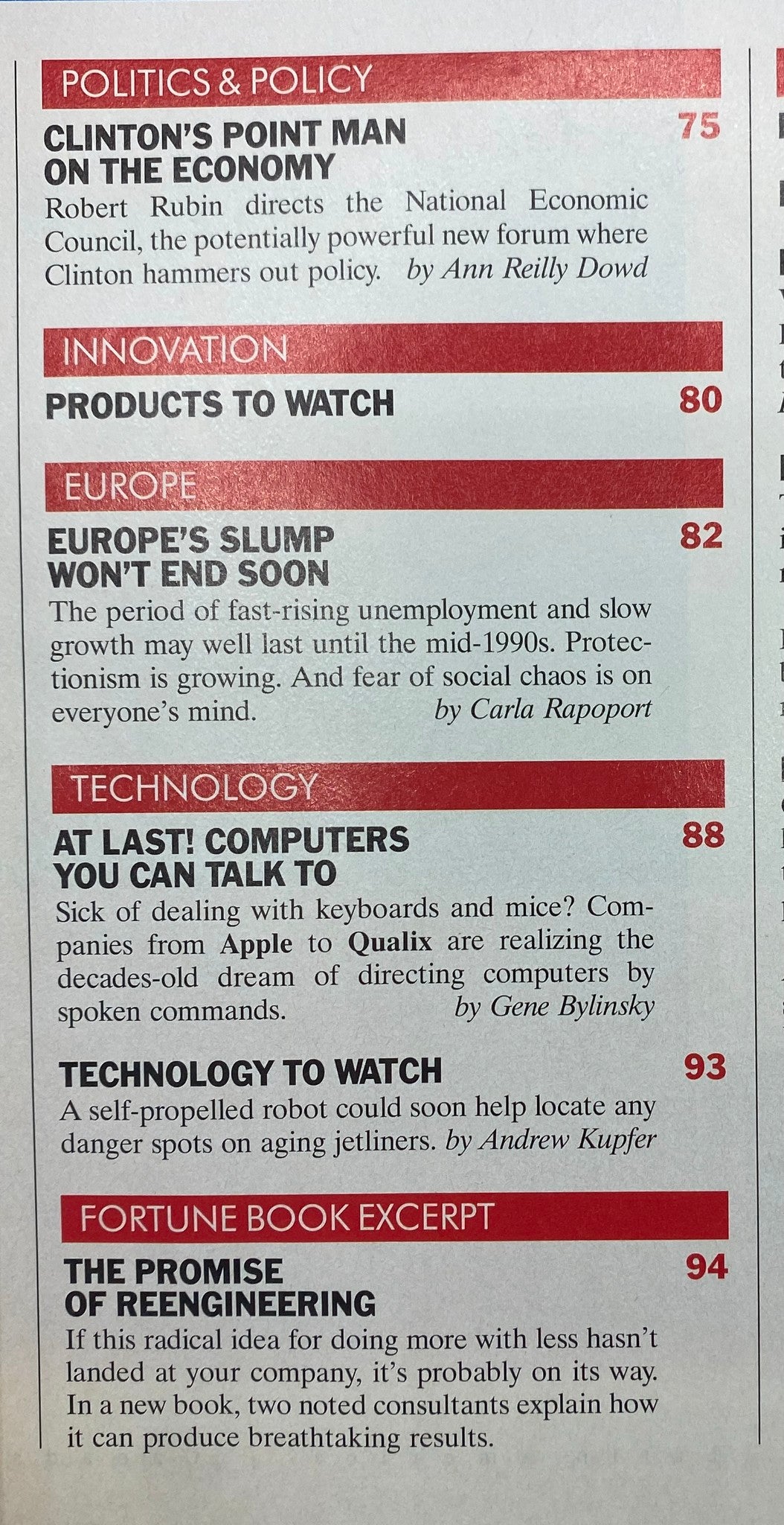 Contents page of Fortune Magazine, May 3, 1993, highlighting key articles including 'Clinton's Point Man on the Economy' and 'Europe's Slump Won't End Soon'.