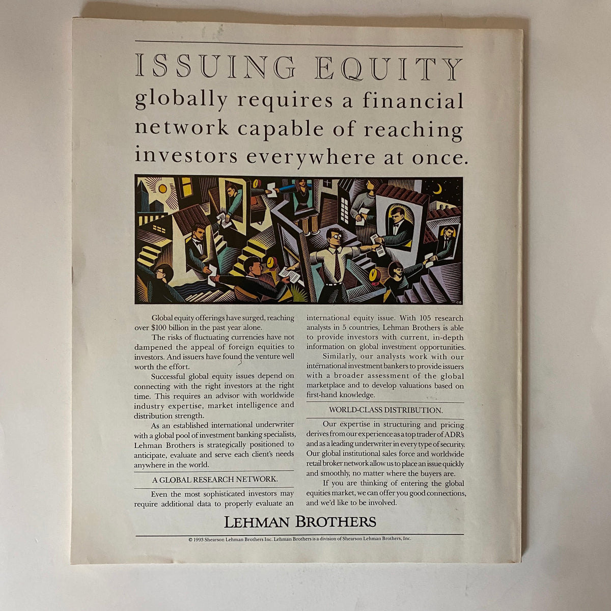 Page from Fortune Magazine, May 3, 1993, featuring an advertisement for Lehman Brothers discussing global equity offerings and investment strategies.