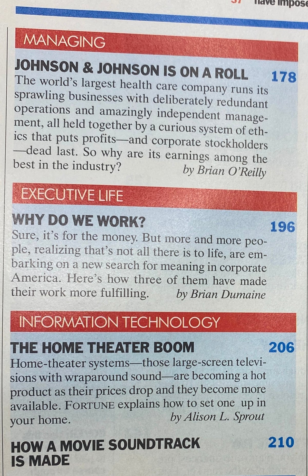 Interior page of Fortune Magazine December 26, 1994 displaying articles on Johnson & Johnson and workplace fulfillment, relevant to the Investor's Guide 1995.