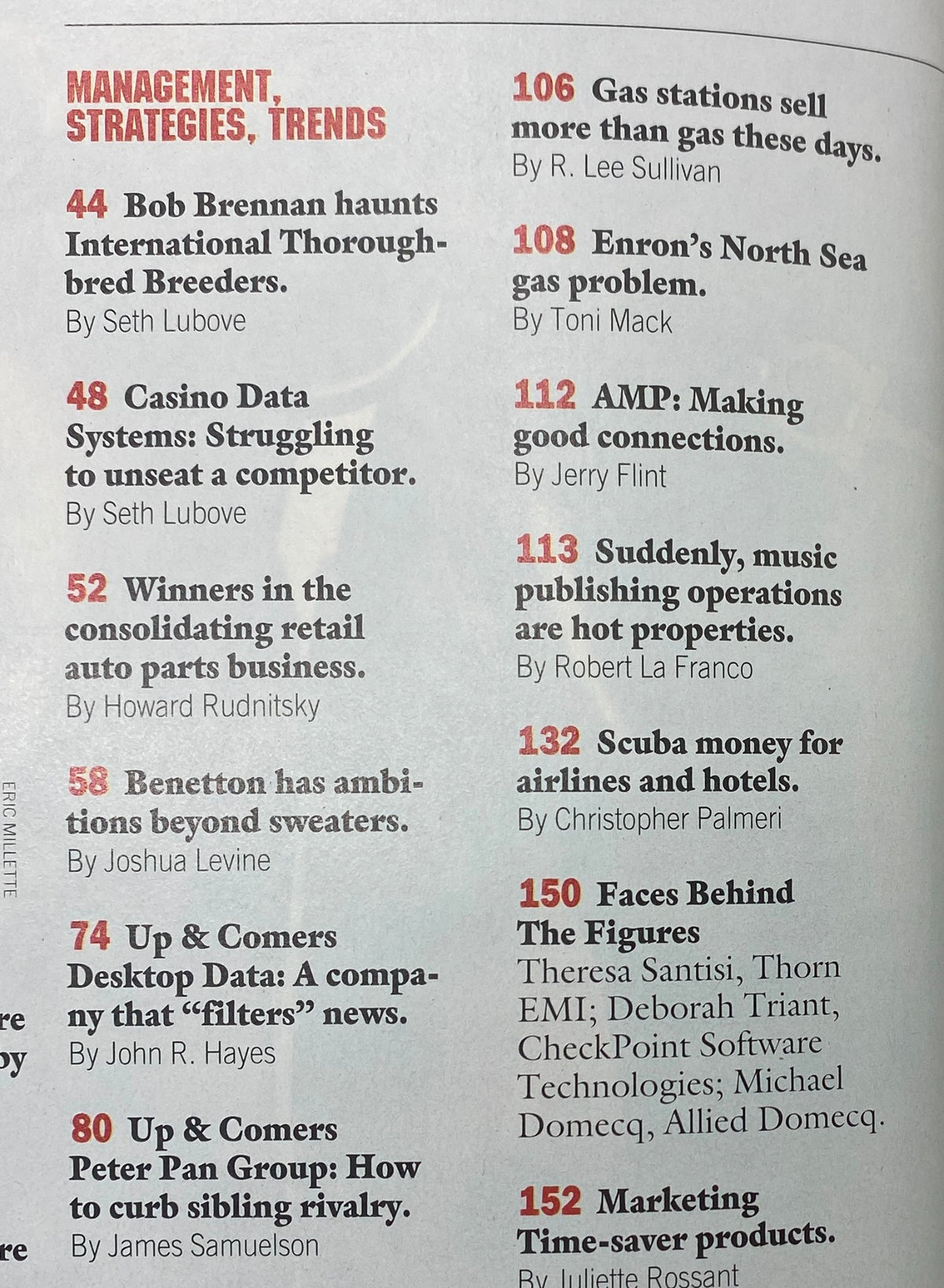 Contents page of Forbes Magazine March 11, 1996, highlighting articles on management strategies and trends in various industries.
