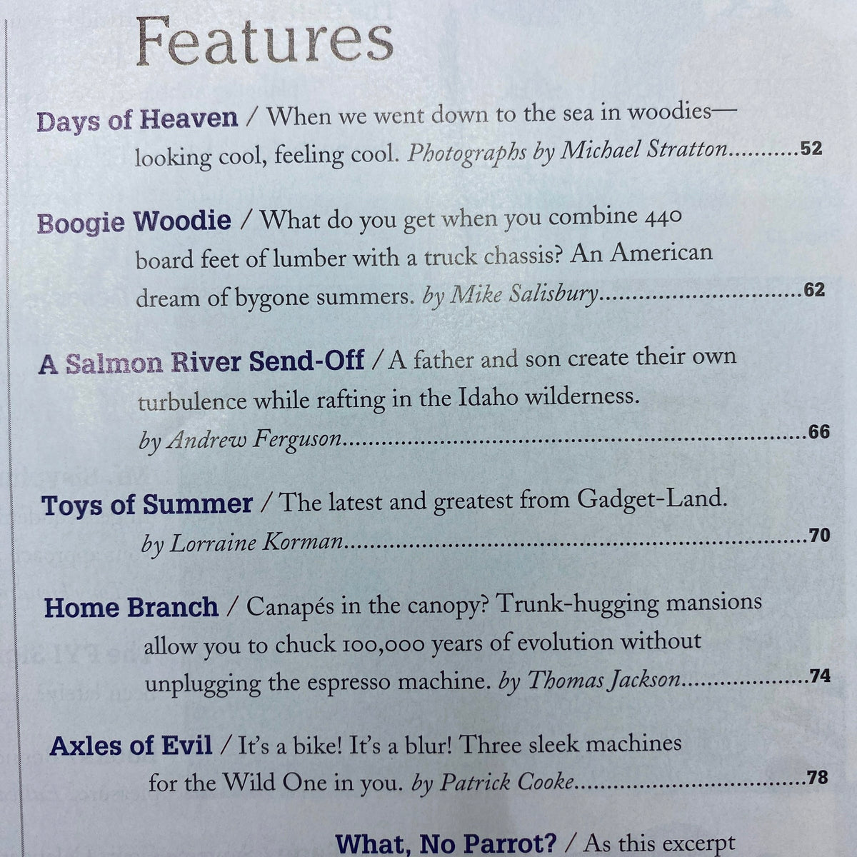 The Good Life Forbes FYI Magazine Summer 2002 titled "Upwardly Mobile" featuring a page of engaging articles including 'Days of Heaven' showcasing coastal photography and 'Boogie Woodie' discussing vintage cars.