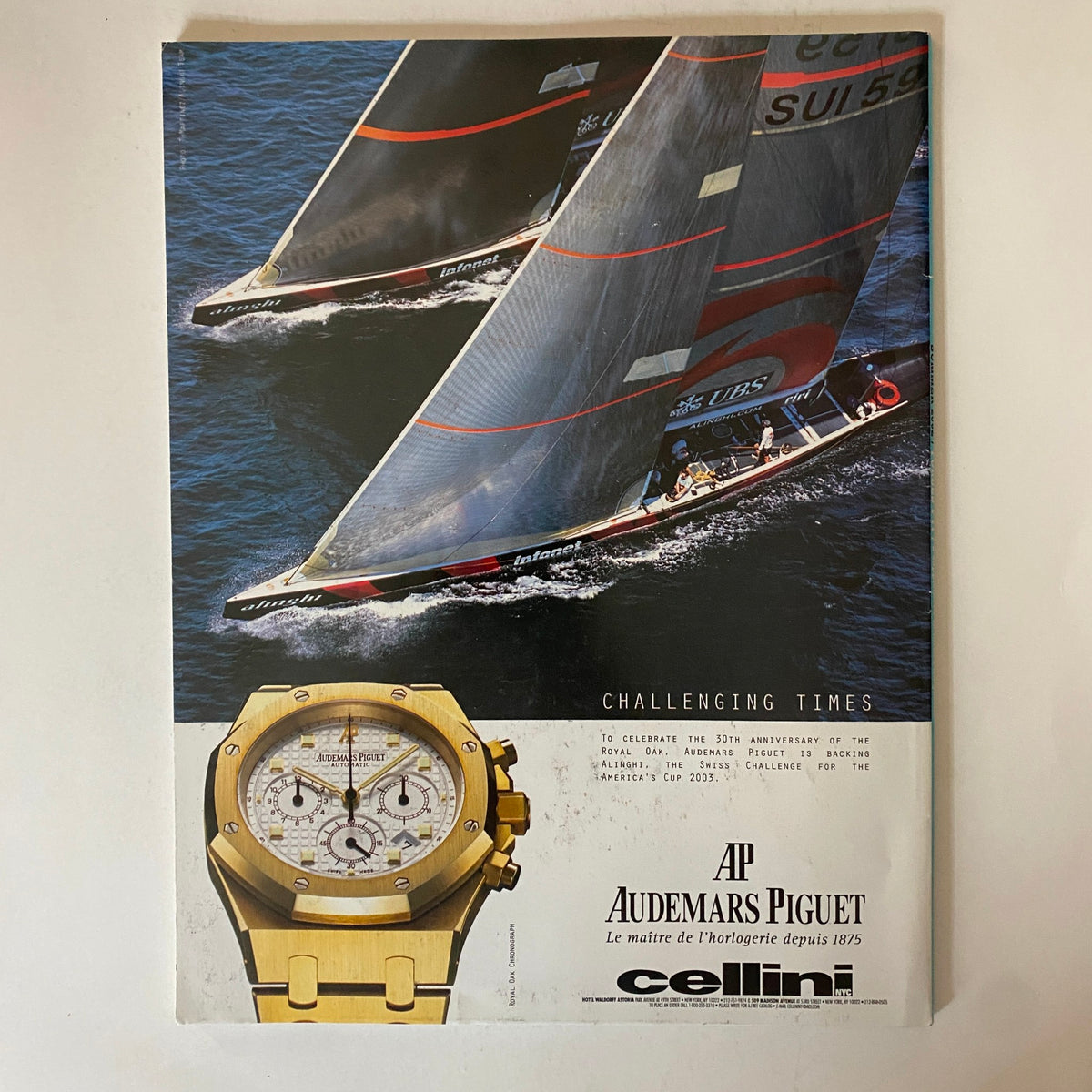 The Good Life Forbes FYI Magazine Summer 2002 titled "Upwardly Mobile" featuring an advertisement for Audemars Piguet watches, celebrating the brand's 30th anniversary with a dynamic image of racing sailboats.