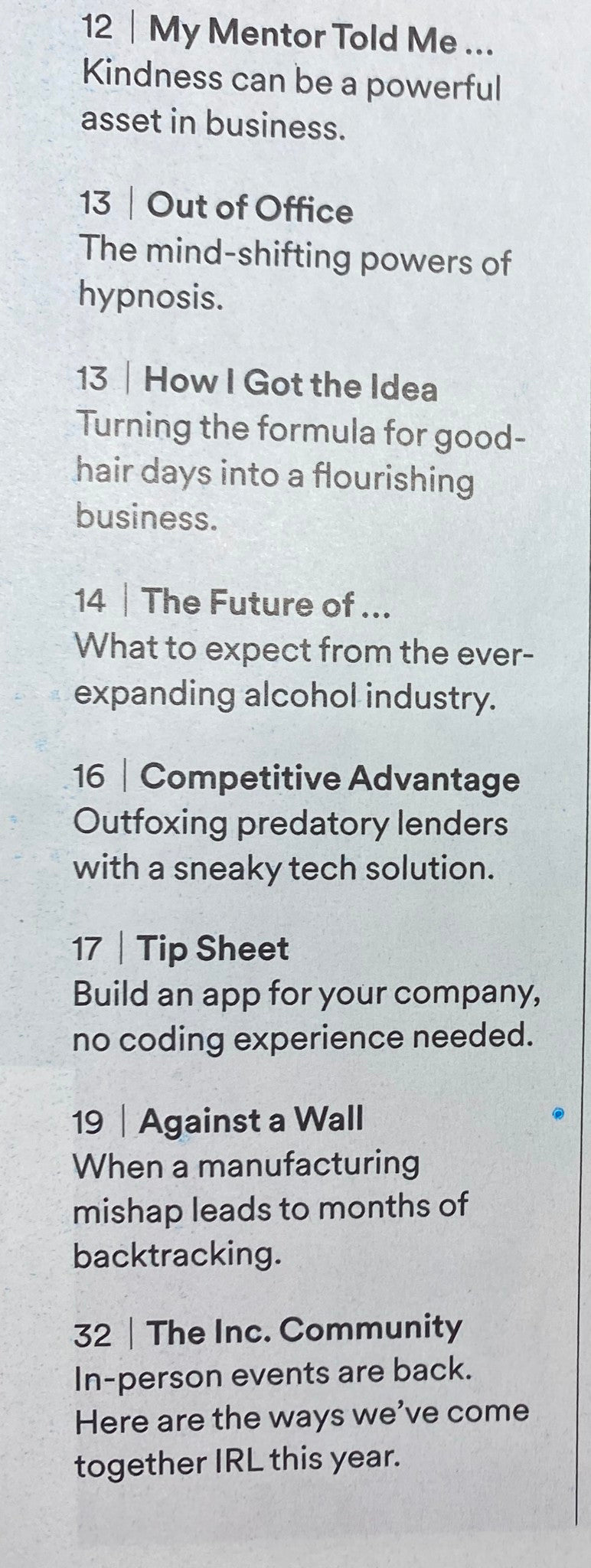 Inside page of Inc. Magazine November 2022 displaying content including 'My Mentor Told Me' and 'Out of Office' articles, relevant for entrepreneurs and business enthusiasts.