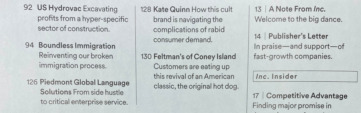 Inside page of Inc. Magazine September 2022 displaying article highlights including US Hydrovac, Boundless Immigration, and Kate Quinn, all focused on business strategies during changing times.