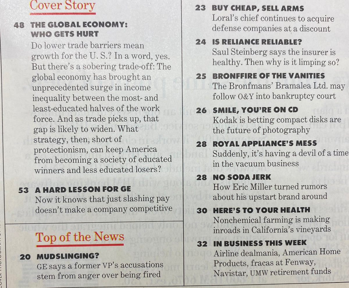 Table of contents from BusinessWeek Magazine, August 10, 1992, highlighting the cover story 'The Global Economy: Who Gets Hurt' and additional articles on corporate strategies and economic issues.