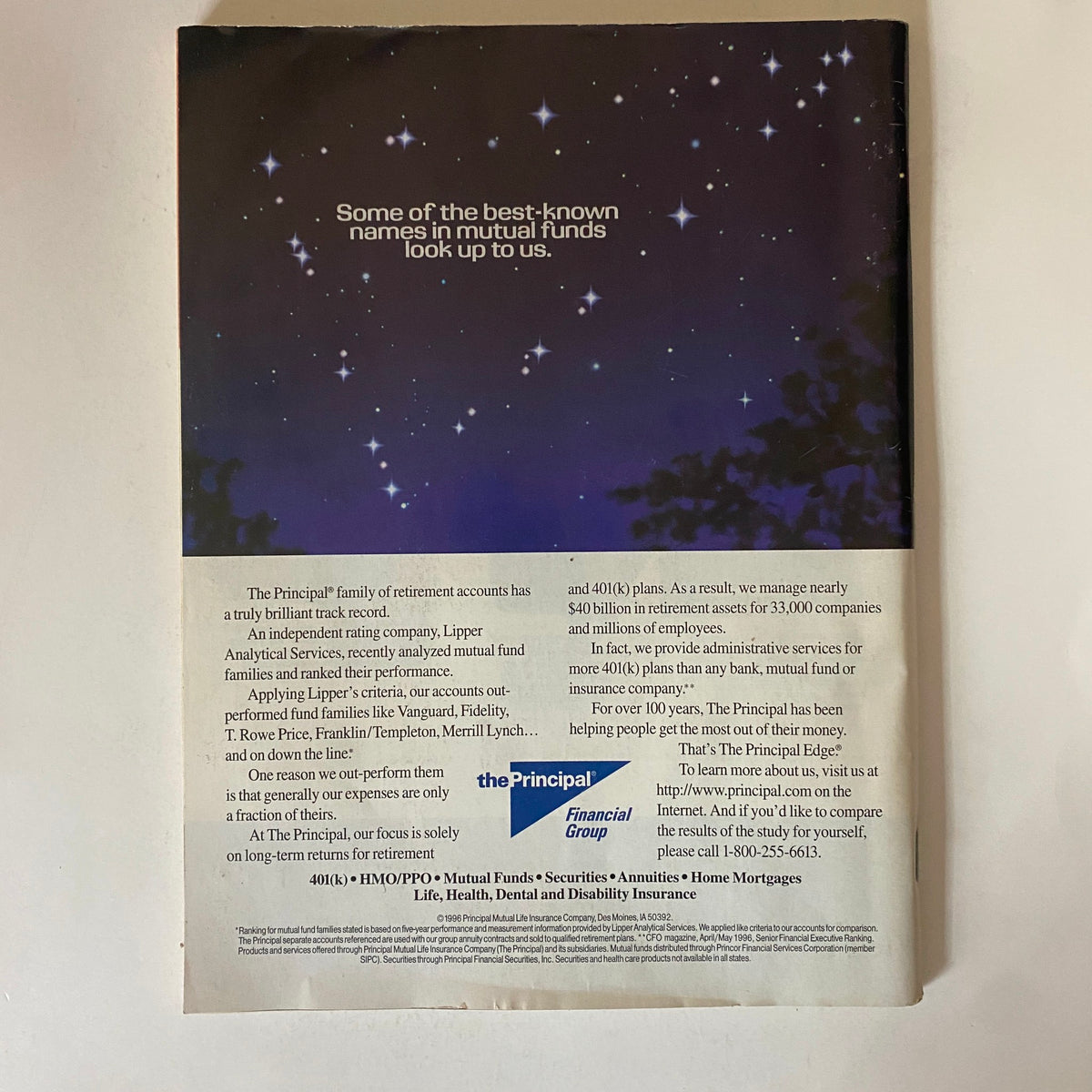 Back cover of BusinessWeek Magazine October 28, 1996, featuring an advertisement for The Principal Financial Group with a starry night background.