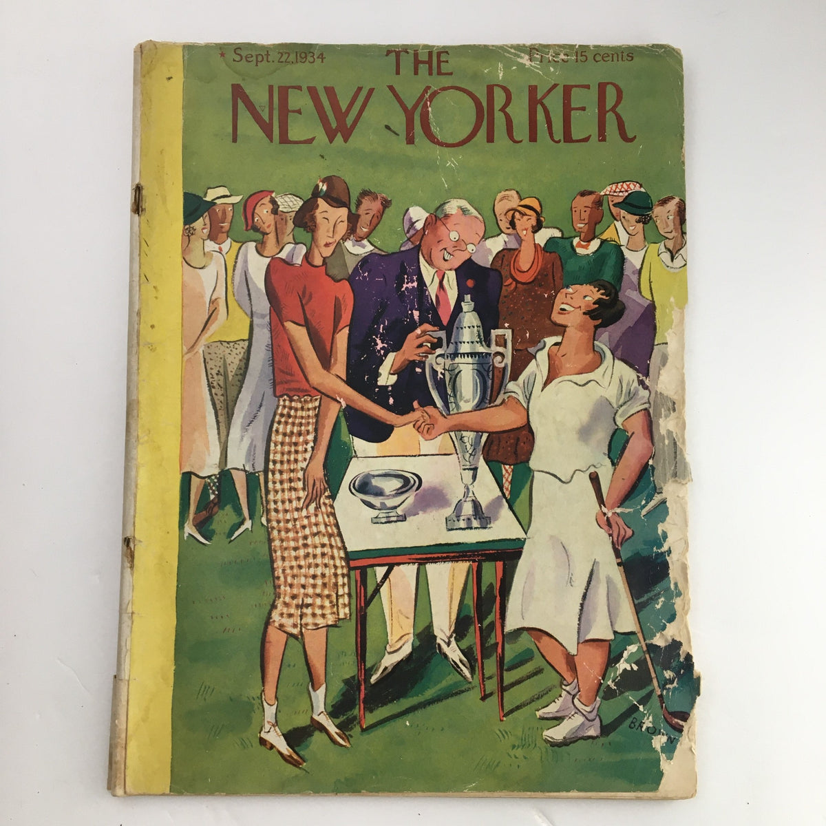 The New Yorker Magazine September 22 1934 cover featuring the illustration 'Celebrating' by Harry Brown, showing a trophy presentation with elegantly dressed characters.