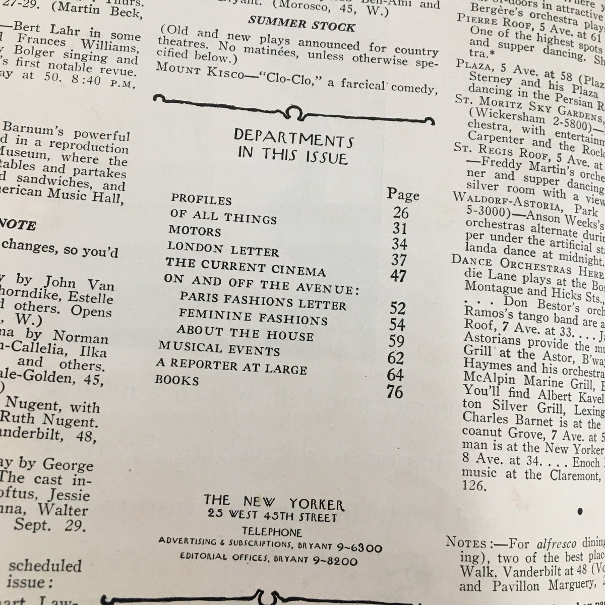 The New Yorker Magazine September 22 1934 featuring the table of contents with various sections such as 'Profiles' and 'London Letter'.