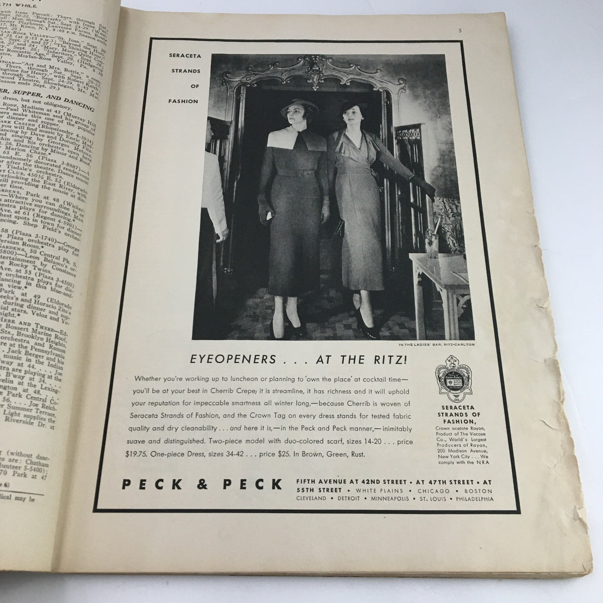 The New Yorker Magazine September 22 1934 displaying an advertisement for women’s fashion from Seracta, showcasing two models in elegant dresses.