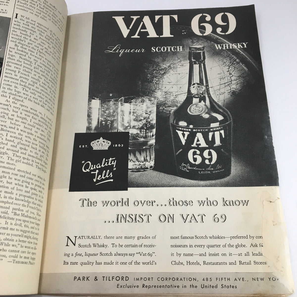 Vintage advertisement for VAT 69 Scotch Whisky featured in The New Yorker Magazine October 13 1934, highlighting its quality and heritage.