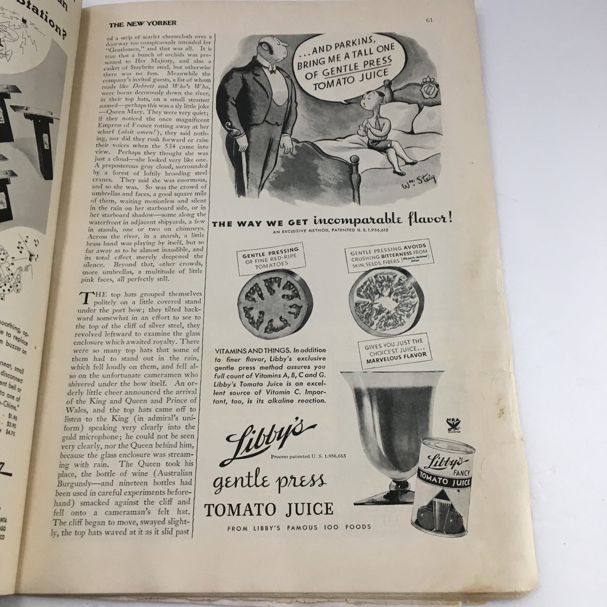 Libby's Gentle Press Tomato Juice advertisement from The New Yorker Magazine October 13 1934, showcasing its unique flavor extraction method.