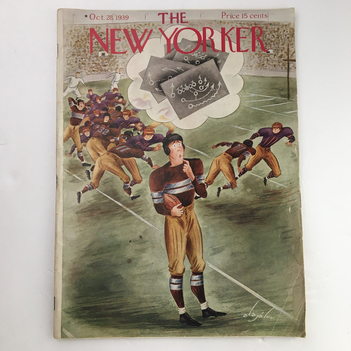 The New Yorker Magazine October 28 1939 Full Theme Cover by Constantin Alajalov featuring an illustration of a perplexed football player on a field with teammates in action.