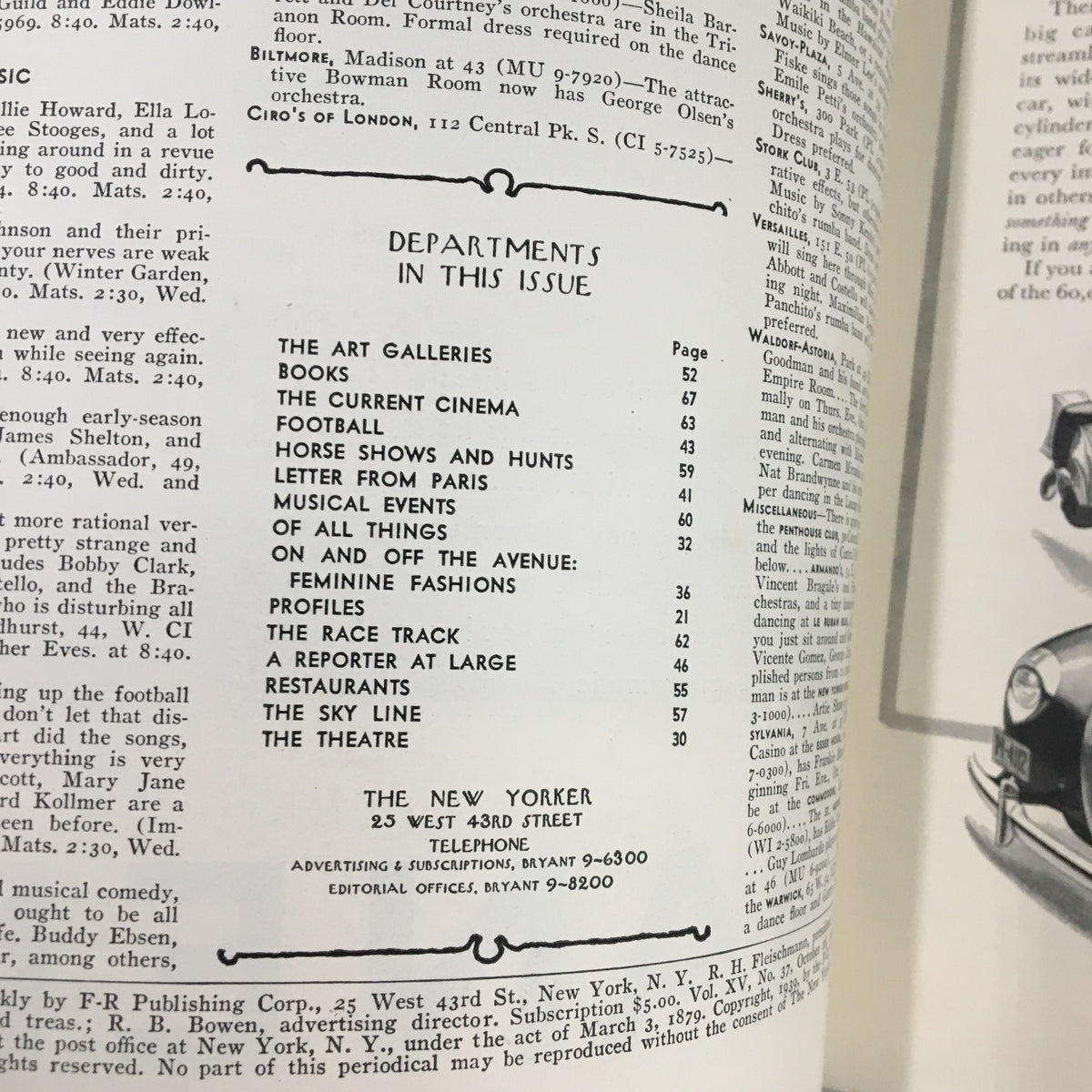 Inside page of The New Yorker Magazine October 28, 1939 displaying contents and features including football, cinema, and profiles, capturing the magazine's vintage editorial style.