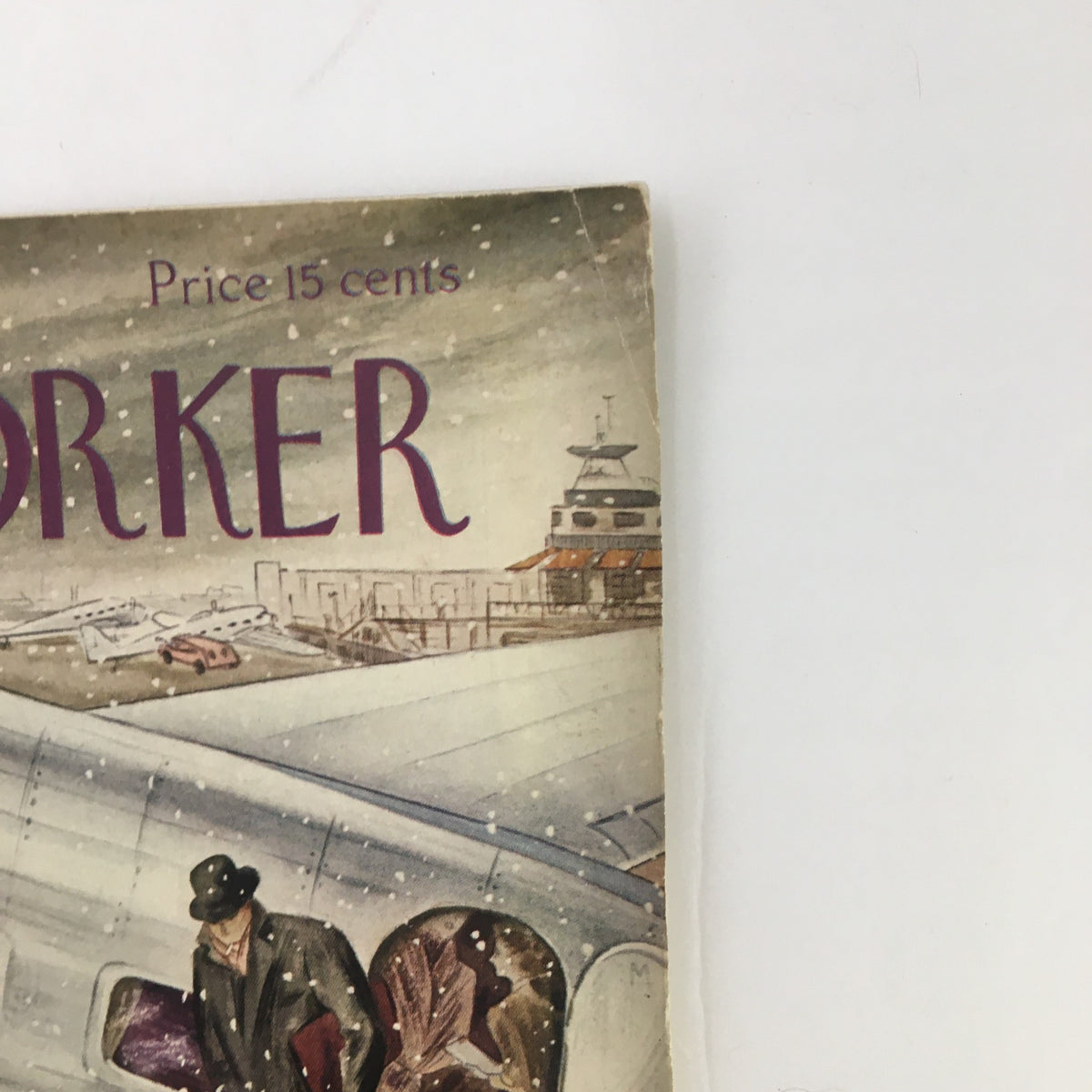 Close-up view of The New Yorker Magazine March 1 1941 cover highlighting the title and snowy airport scene, artistically crafted by Constantin Alajalov.
