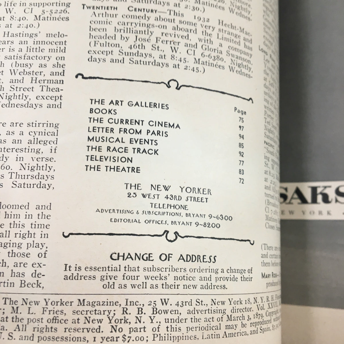 Advertising and content overview from The New Yorker Magazine March 3 1951, displaying various sections and features.