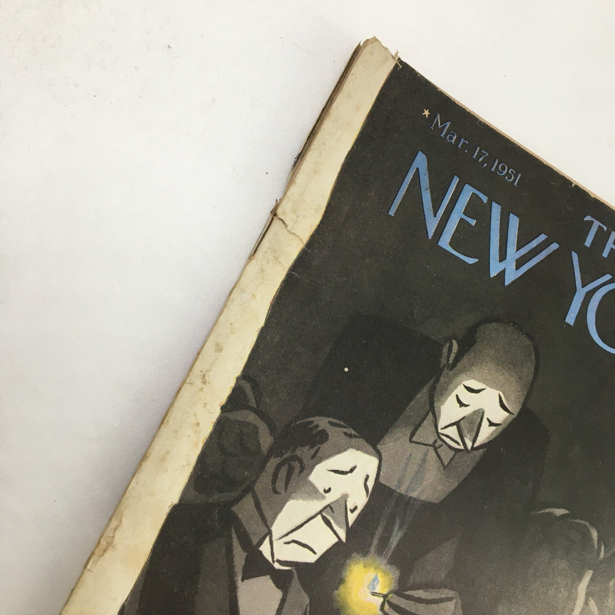 Close-up view of The New Yorker Magazine, March 17 1951 cover, illustrated by Peter Arno, displaying detailed artwork of characters at a table in a sophisticated dining atmosphere.