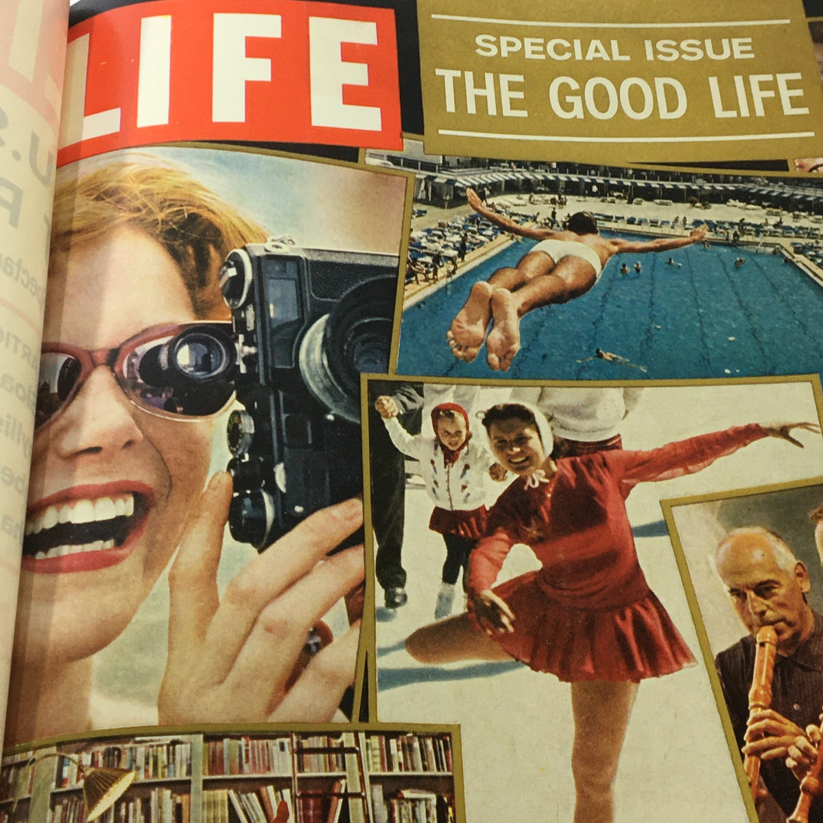 Inside page of VTG Life Magazine December 28 1959 Special Issue The Good Life, featuring a vibrant collage of images illustrating leisure activities, sports, and lifestyles of the era.