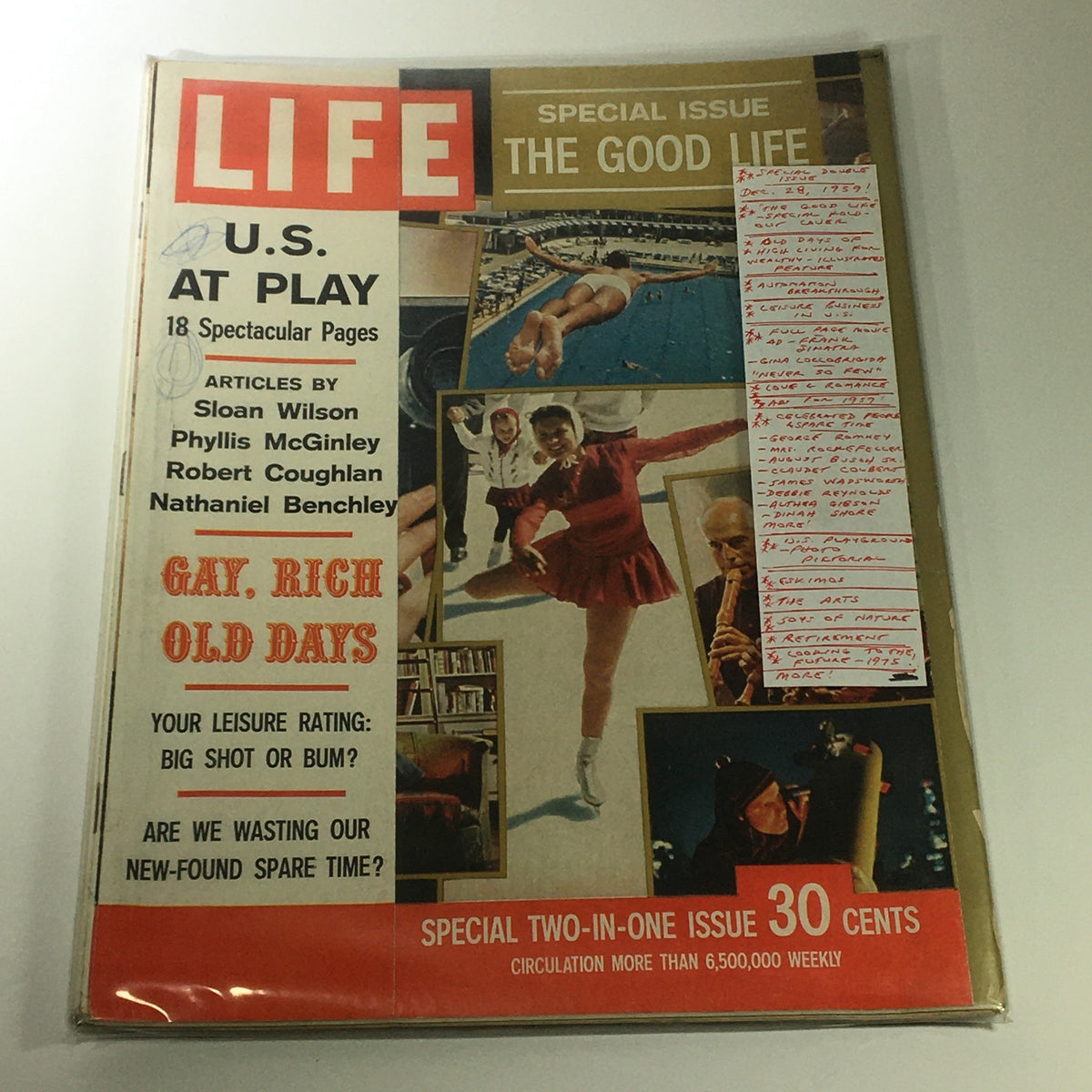 Close-up of the cover of VTG Life Magazine December 28 1959 Special Issue The Good Life, including handwritten notes on leisure activities, reinforcing the theme of enjoyment and relaxation.