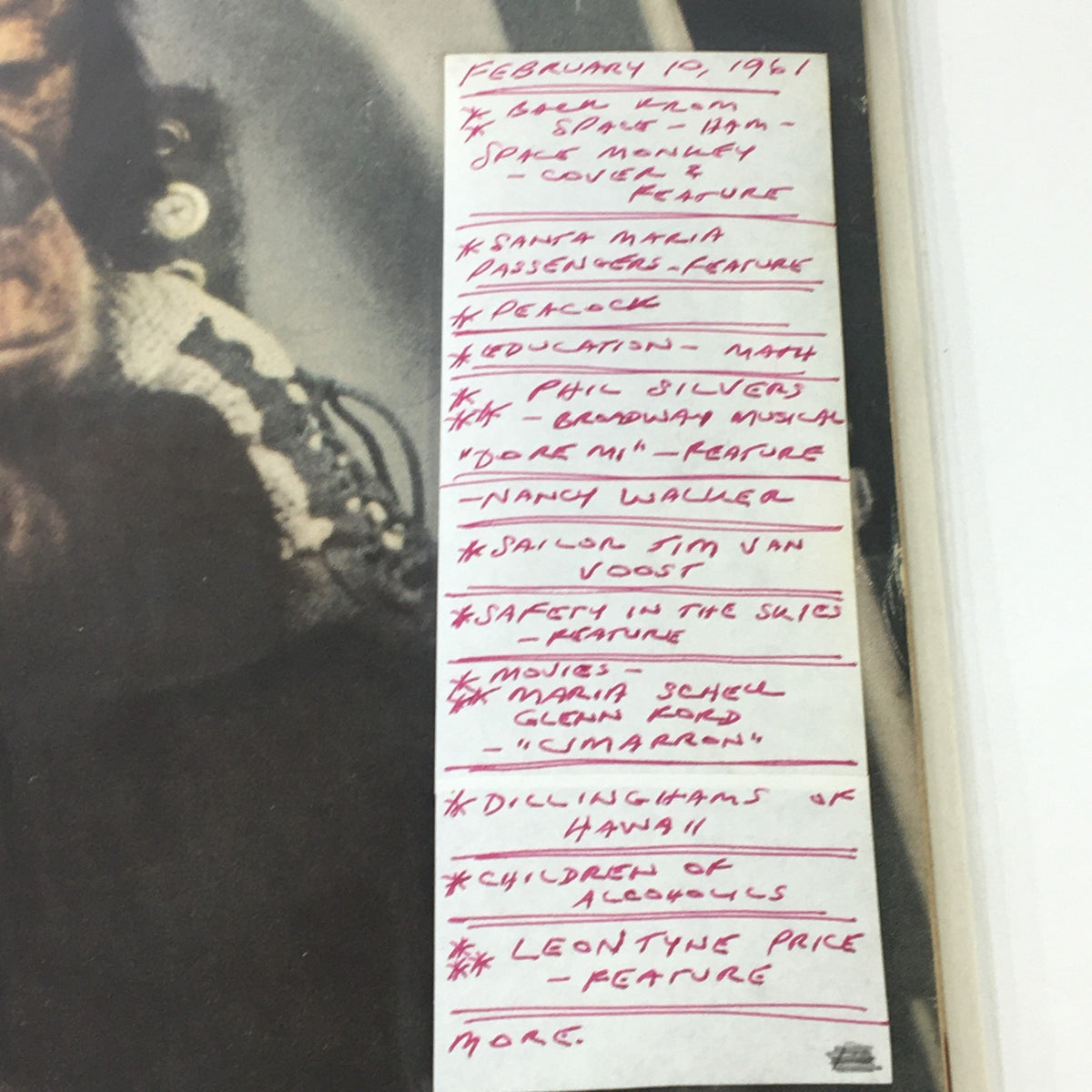 Close-up of the handwritten contents list from the VTG Life Magazine February 10 1961, including features on Ham the chimp and various cultural topics from the era.