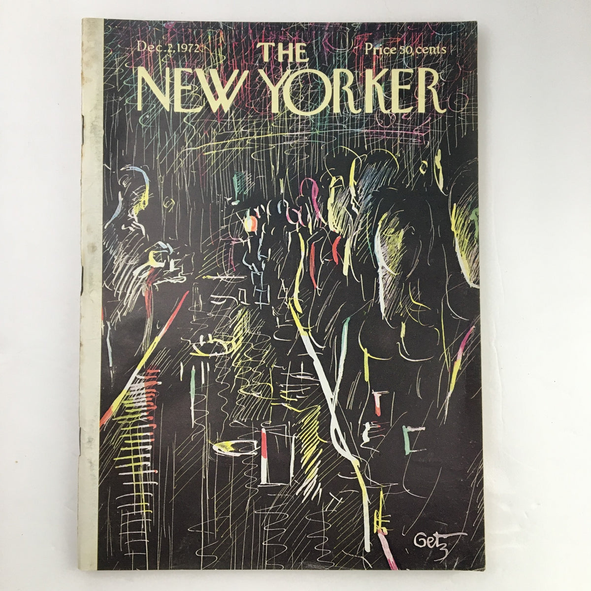 The New Yorker Magazine December 2 1972 featuring the cover art titled 'Crowded Theme' by Arthur Getz, showcasing vibrant and abstract line illustrations capturing a bustling social scene.
