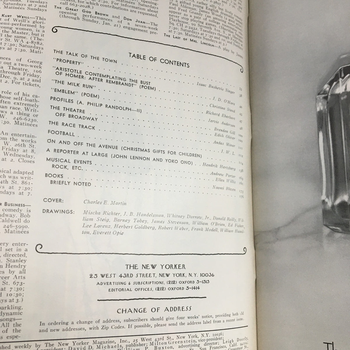 Interior page from The New Yorker Magazine December 9 1972 displaying the table of contents with various literary contributions and the cover artist Charles E. Martin.