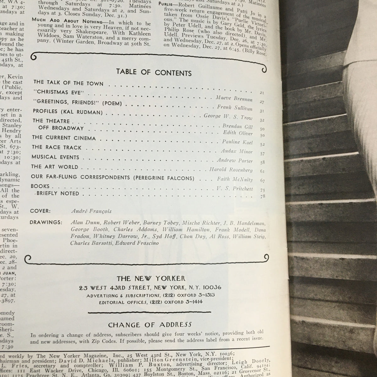 The New Yorker Magazine December 23 1972 interior page displaying the table of contents, highlighting articles and the cover artist André François.