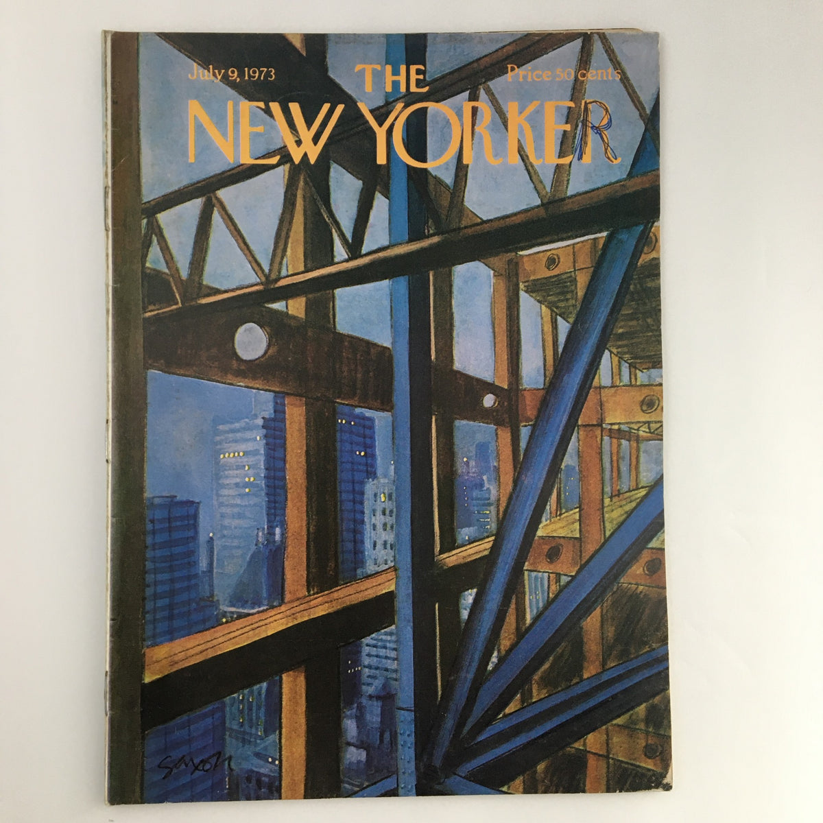 Cover of The New Yorker Magazine July 9 1973 featuring the artwork 'Construction Building' by Charles Saxon, showcasing urban construction with a cityscape backdrop.