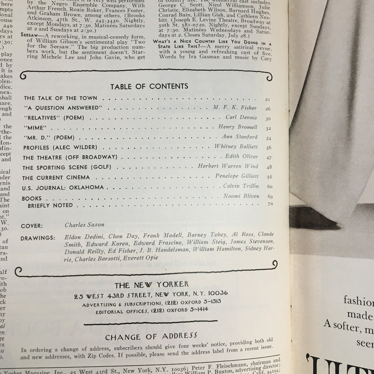 Table of Contents page from The New Yorker Magazine July 9 1973, listing articles and features including the cover art by Charles Saxon.