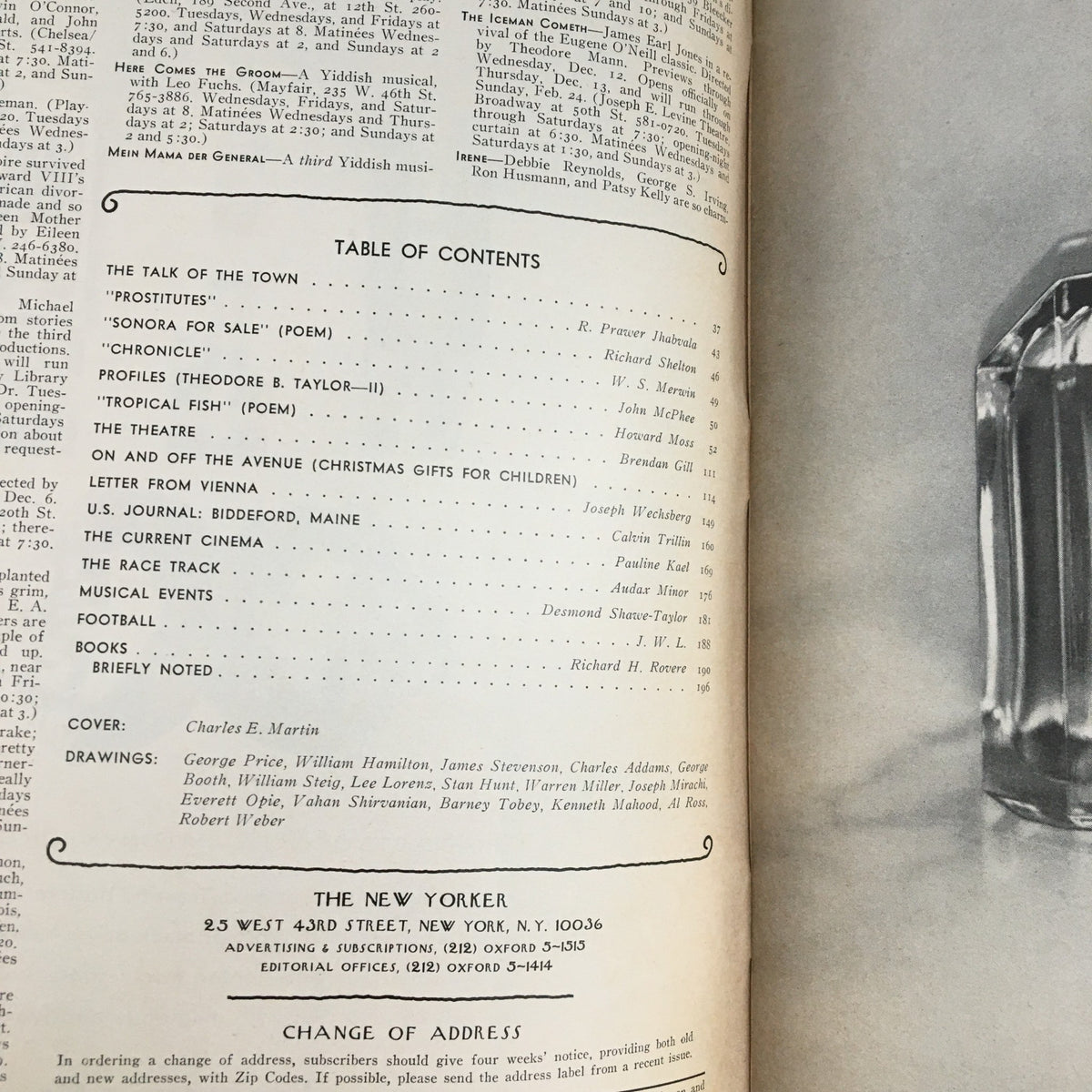 Table of contents page from The New Yorker Magazine December 10, 1973, listing articles and features, with cover design credited to Charles E. Martin.