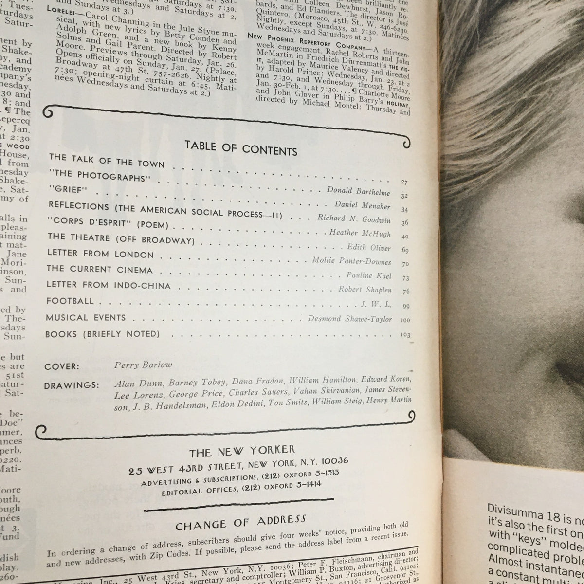 Inside page of The New Yorker Magazine January 28 1974 displaying the table of contents and acknowledging cover artist Perry Barlow.