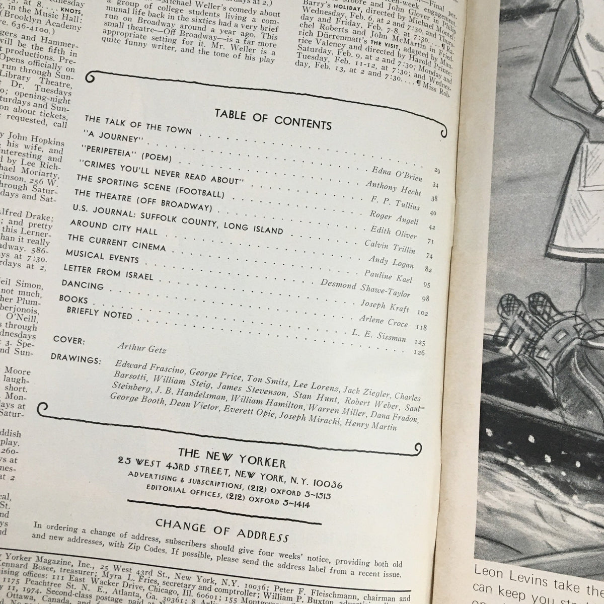 Table of contents from The New Yorker Magazine February 11, 1974, detailing various articles, including contributions from notable authors and artists.
