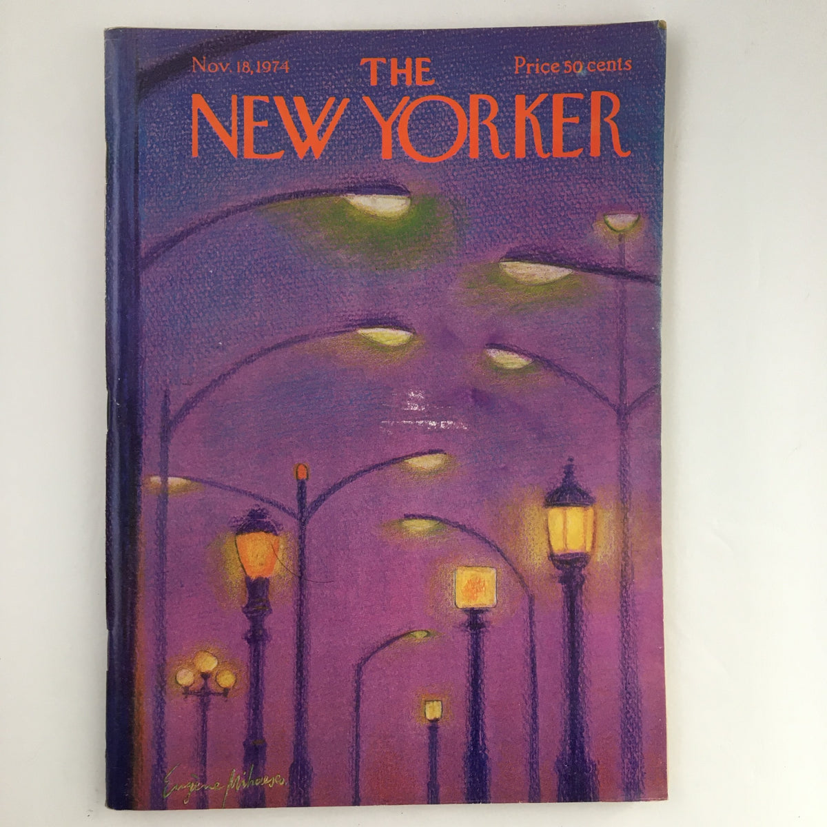 Cover of The New Yorker Magazine, November 18, 1974, featuring a full theme artwork by Eugene Mihaesco with street lights against a purple background.