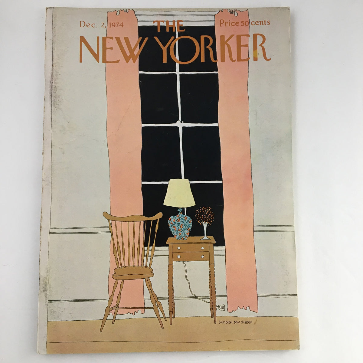 Cover of The New Yorker Magazine, December 2, 1974, featuring artwork by Gretchen Dow Simpson, depicting a cozy interior with a chair, lamp, and floral vase.