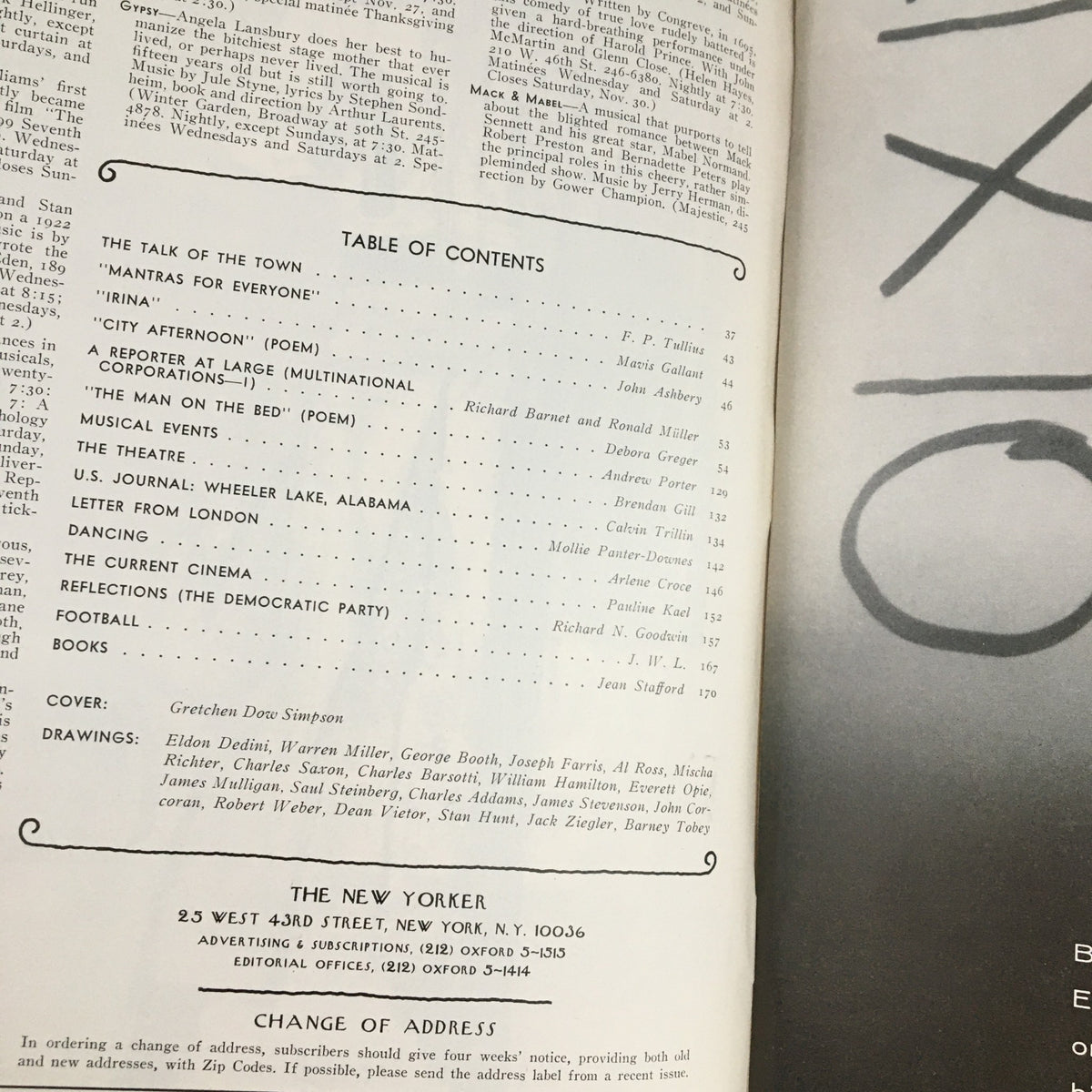 Inside page of The New Yorker Magazine, December 2, 1974, displaying the table of contents and details about the issue, featuring artwork by Gretchen Dow Simpson.
