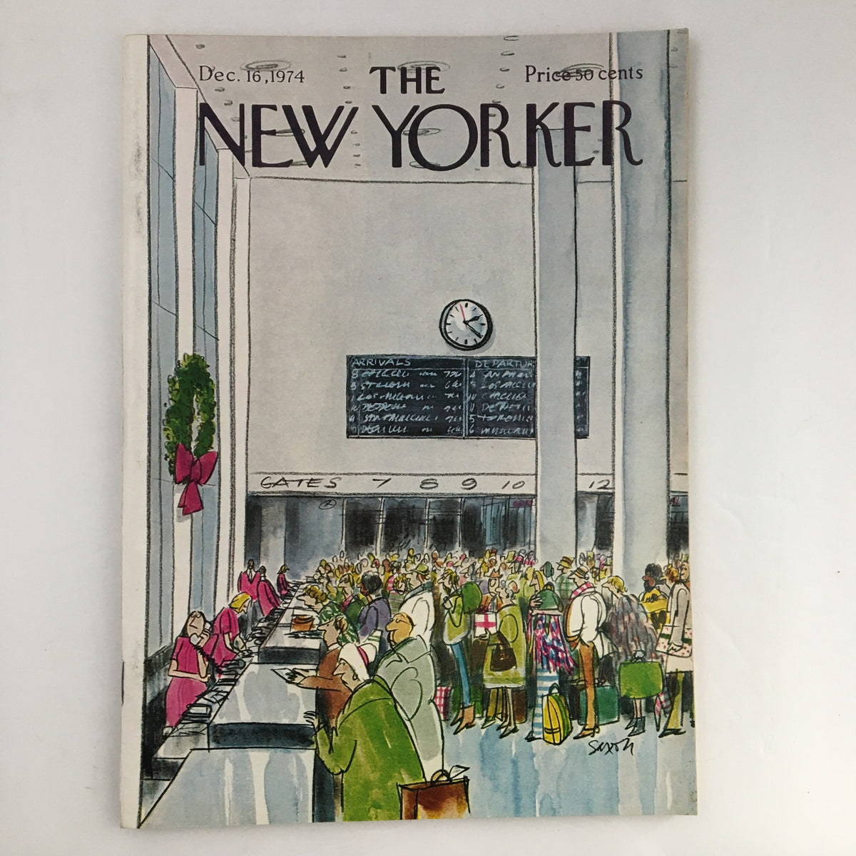 The New Yorker Magazine cover from December 16, 1974 featuring the artwork 'Delayed Flights' by Charles Saxon, depicting a crowded airport scene with travelers and luggage.