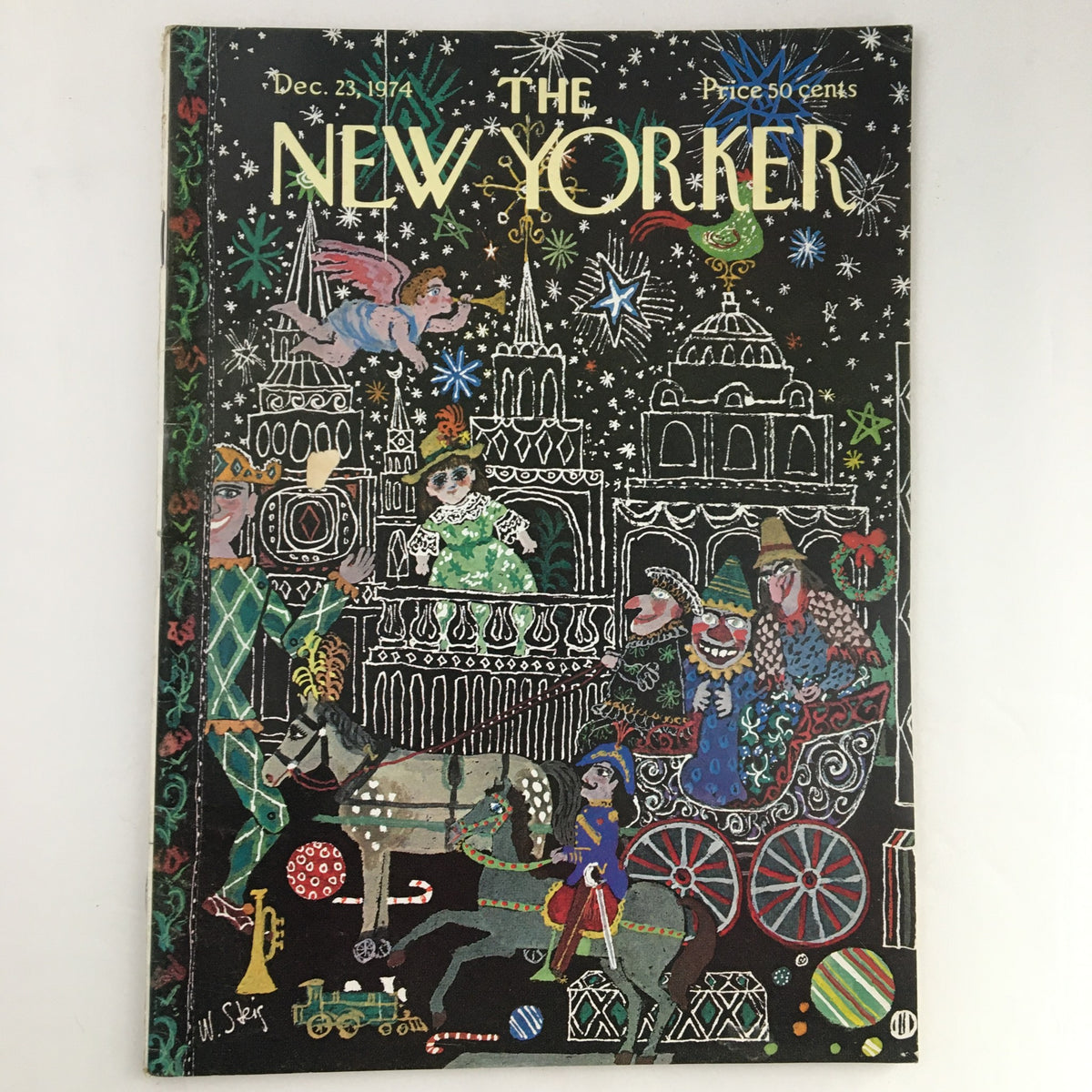Cover of The New Yorker Magazine December 23 1974 featuring the whimsical illustration 'Santa's List' by William Steig, depicting a festive scene with colorful characters and decorations.