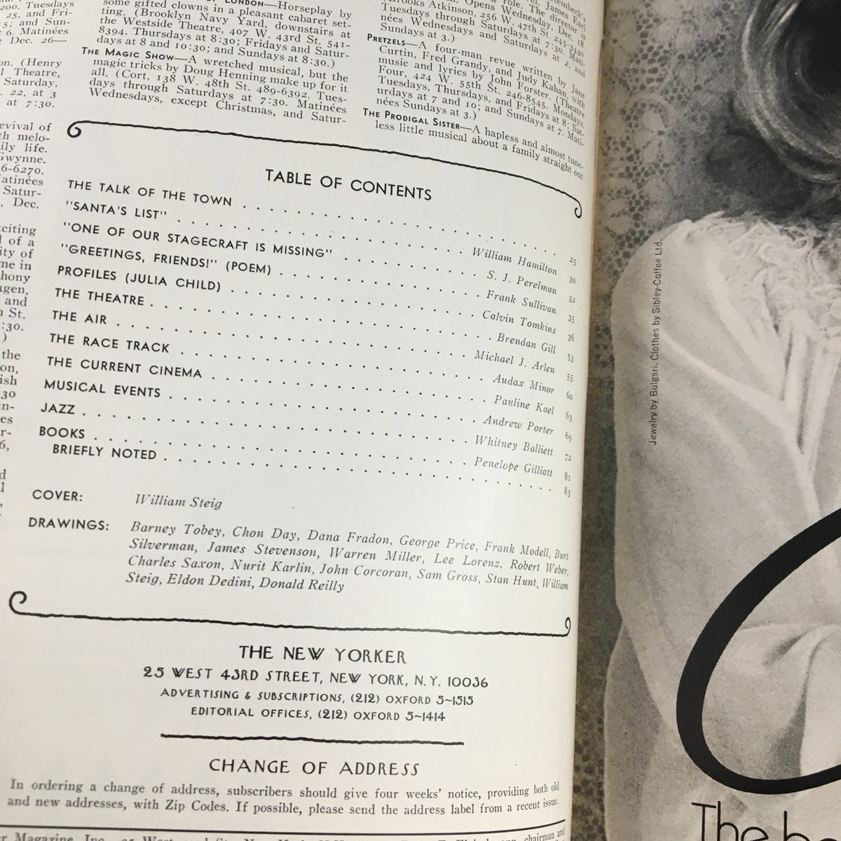 Table of contents page from The New Yorker Magazine December 23 1974 featuring article 'Santa's List' by William Steig and other featured content.