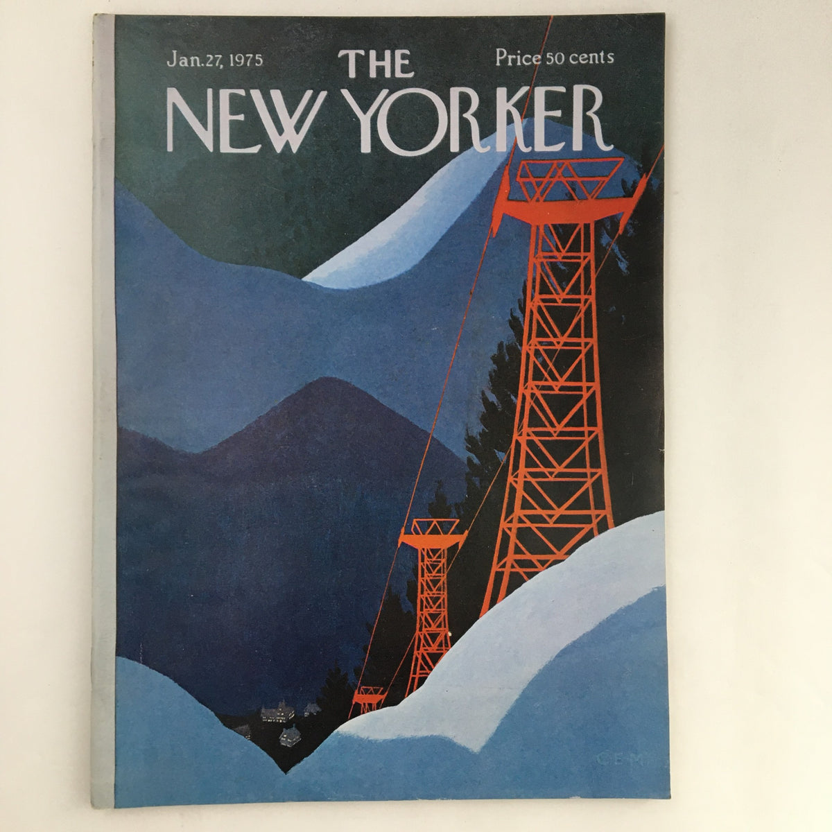 Cover of The New Yorker Magazine January 27 1975 featuring 'Electrical Tower' artwork by Charles E. Martin, showcasing a mountain landscape with distinctive red electrical towers against a blue backdrop.